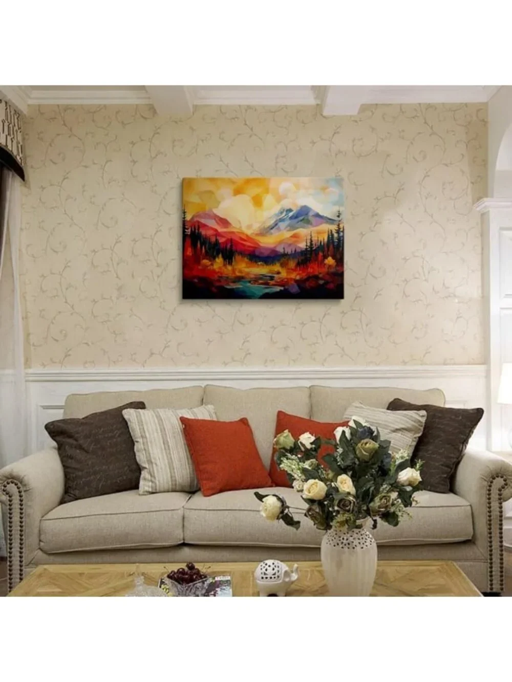 Abstract Mountain Sunset Canvas Art - Framed Geometric Peaks & River Decor 16x24